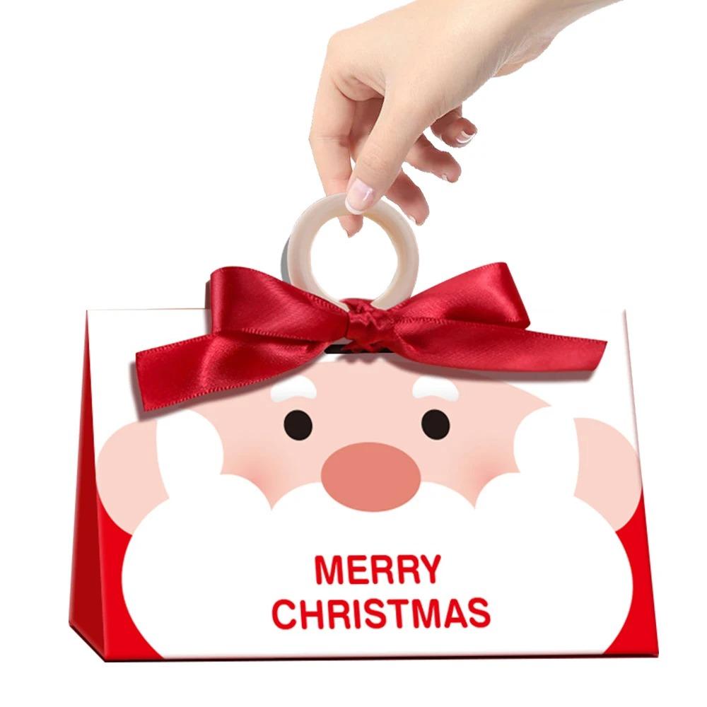 5PCS Merry Christmas Candy Boxes Bags Santa Claus Empty Christmas Eve Apple Boxes with Wooden Handle Kraft Paper Gift Box