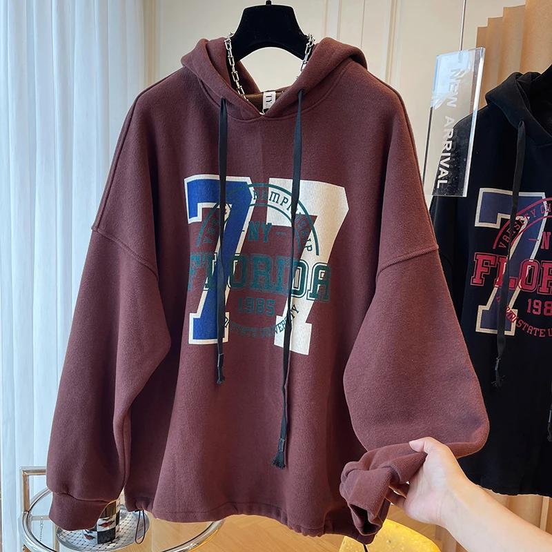 Женский свитшот оверсайз с капюшоном из флиса, утолщенный, свободного кроя, с полувысоким воротником, повседневный пуловер с длинным рукавом, зимний свитшот-топ XXXXL коричневый