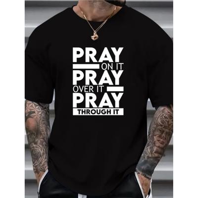 Men's Pray Graphic 100% Cotton Print T-shirt, Casual Comfy Crew Neck Short Sleeve Tee For Summer Outdoor, Men's Clothing