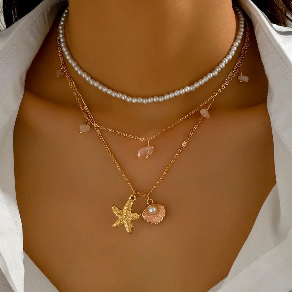 Elegant Tassel Starfish Shells Necklace Metal Clavicle Chain Exquisite Charm Choker