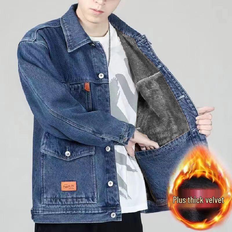 Men's Fleece-Lined Winter Denim Jacket - Thick, Loose Fit, Windproof, Cold-Proof, Wear-Resistant, Multi-Pocket, Plus Size.