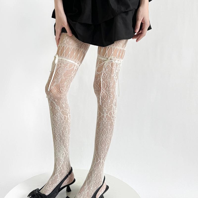 New Design Beige Tights Women Sexy See Through Mesh Sheer Fishnet Stockings Jk Uniform Bow Tie Strap Lace Bottoming Pantyhose