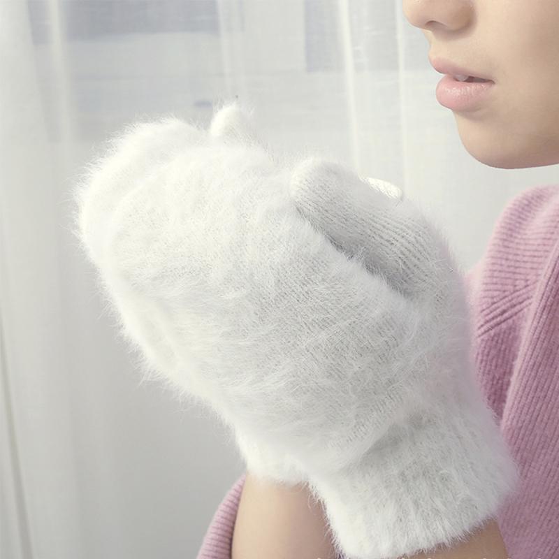 Women Winter Warm Cashmere Gloves Elastic Full Finger Mittens Soft Rabbit Fur Warm Plush Gloves Girls Knitted Riding Gloves