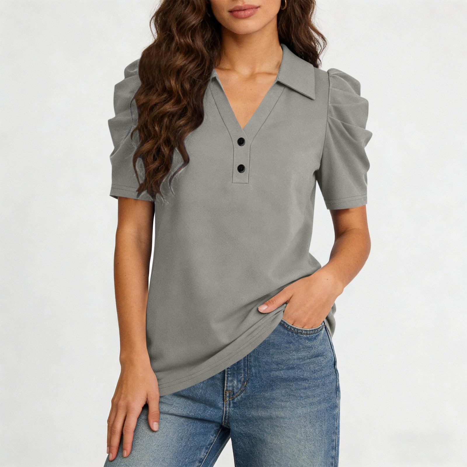 

Women s Solid Color Polo Collar Pullover Short Sleeve Shirt Buttoned Pleated Sleeve Top Casual Blouse M