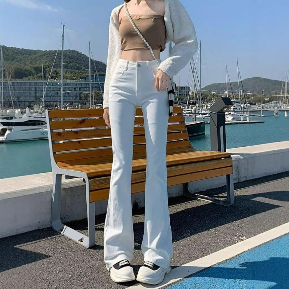 White Straight Jeans Women High Waist Elastic Slim Thin Small People Drag The Ground Horseshoe Flare Trousers Jeans for Women Long Denim Pants