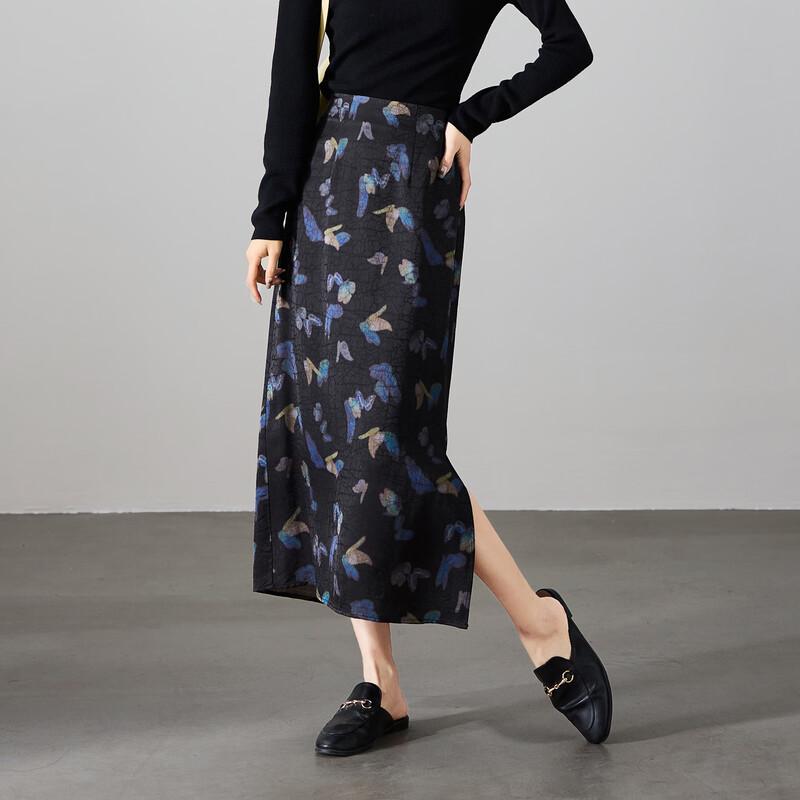 SOFSIL Retro Black Butterfly Print High-Waist Side-Slit Straight Skirt XL