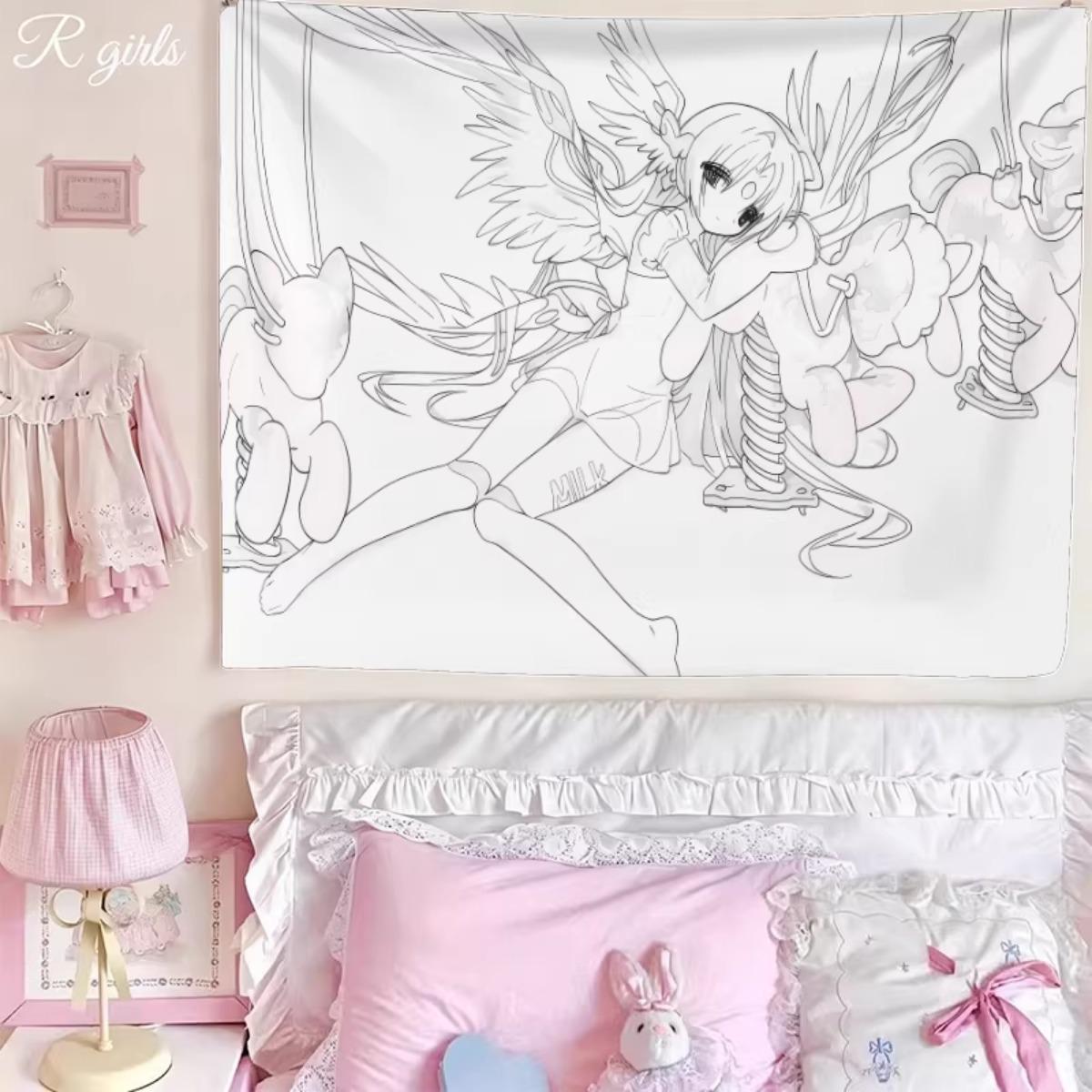 

Line Art Style Anime Tapestry Kawaii Cat Ear Angel Girls Wall Hanging Aesthetic Hand Drawn Decor Ins Style Bedroom Background 74x94cm(29x37in)