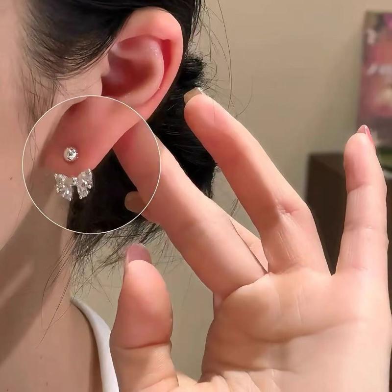 Silver Color Zircon Bowknot Stud Earrings For Women Minimalist Cute Fashion Jewelry Detachable Accessories