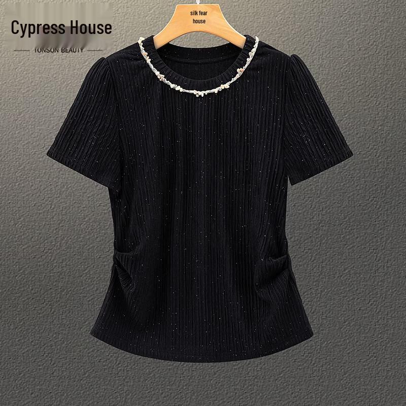 Women s Elegant Beaded Short Sleeve T-Shirt L