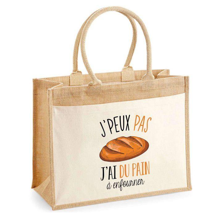 Sac de plage - PLANETEE - Jute avec poche "Pain à Enfourner J'peux pas" - Coton - Multicolore - 43x33 cm