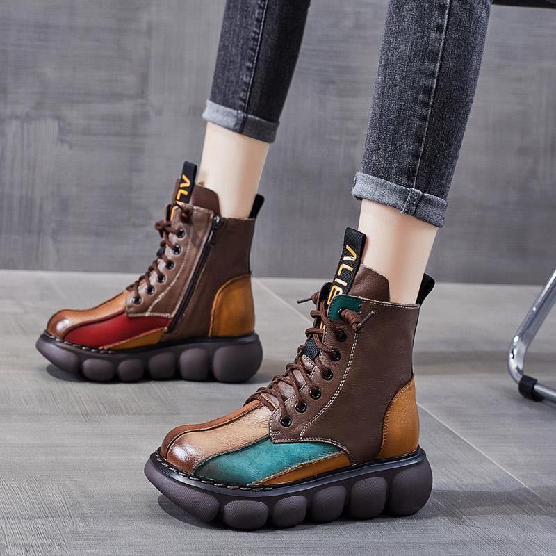 Echtes Leder Mehrfarbige Schuhe Damen Stiefel 2022 Neueste Herbst Winter Runde Spitze Reißverschluss Retro Handgemacht Freizeit Knöchelhohe Stiefel