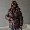 Women's Stand Collar Drawstring Waist Puffer Coat Detachable Hood Long Sleeve Polyester Warm Winter Cotton Jacket
