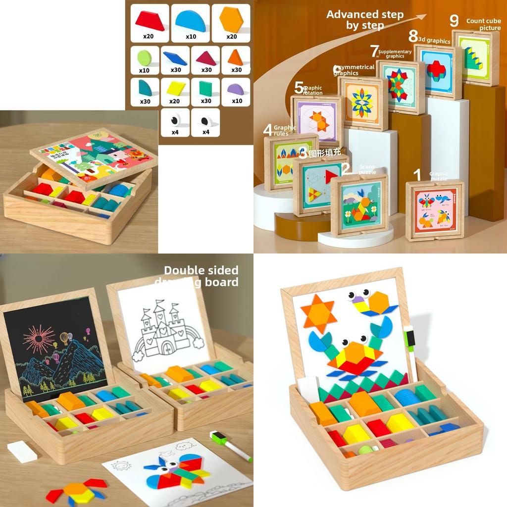 Wooden Magnetic Creative Tangram Puzzle Board With Geometric Building Blocks For Kids Learning