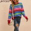 BITCED Autumn/Winter Colourful Knitwear Long-sleeved O-neck Striped Knit Jumper Relaxed-fit Casual Colour-blocked Distressed Knit Sweater