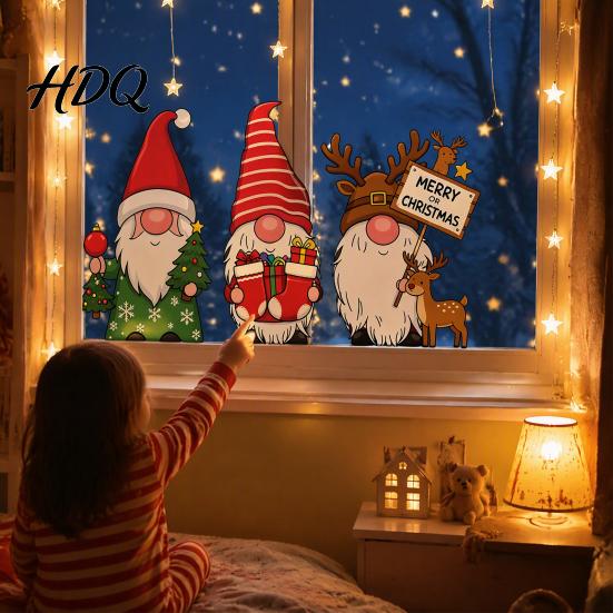 Indoor Outdoor Decor Christmas Gnome Static Window Sticker PVC Waterproof Clings Cartoon Glass Stickers Decals Cute Faceless Dwarf for Home