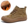 Fall Winter Genuine Leather Ankle Boots Women Round Toe Lace-up Comfortable Flat Boots  Anti-slip Plus Size Fur Botas Mujer