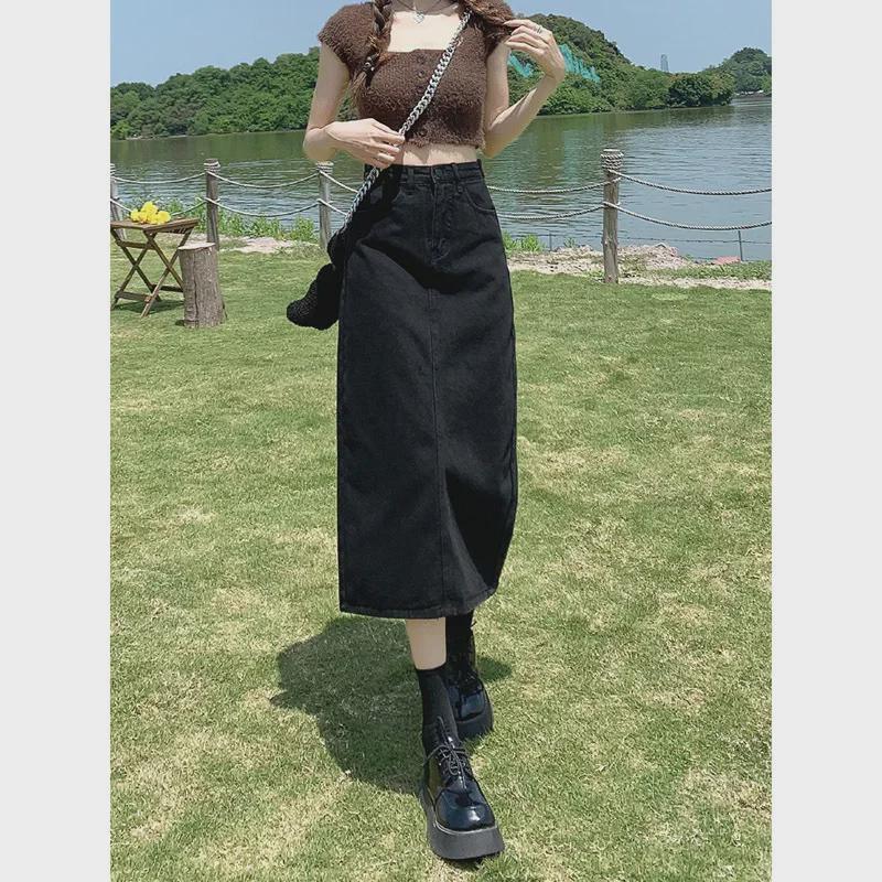 Schwarzer Denim Midi-Rock mit Schlitz und hohem Bund - 2025 A-Linien-Stil für Frühling/Herbst für Damen