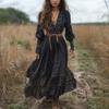 Women's V Neck Long Sleeve Bohemian Maxi Dress Loose Fit High Waist Vintage Tiered Ruffle Casual Dress