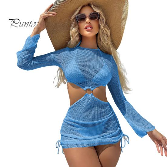 3Pcs/Set Women Bikini Set Halter Bra Lace-up Swimming Trunks Set with See-through Mesh Yarn Cover Up Dress