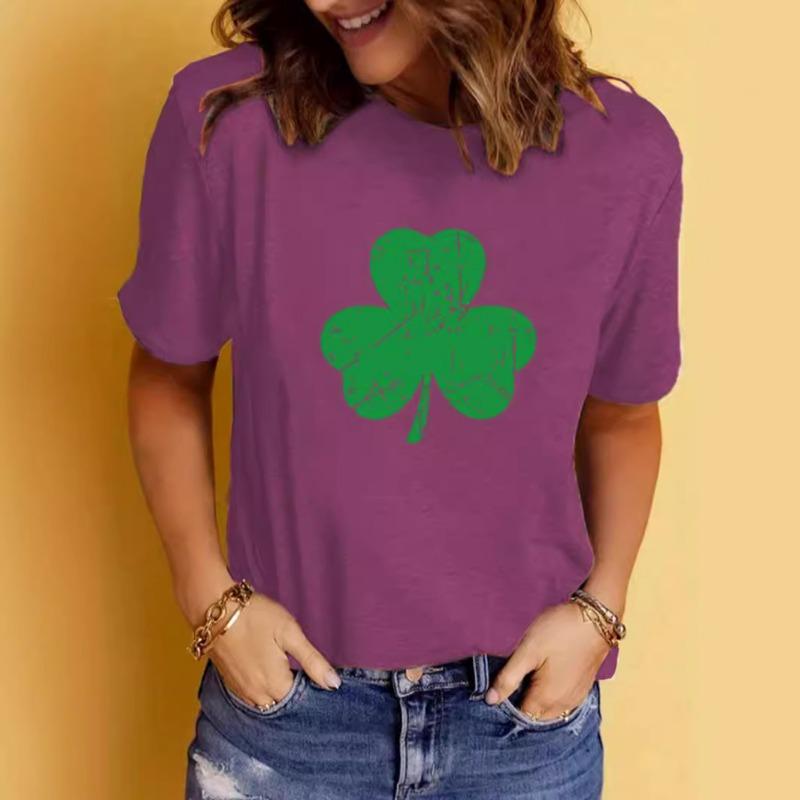 Summer Women's Clover Pattern Printed Round Neck Pure Cotton Short Sleeved T-shirt Casual Fashion T-Shirts Women’s