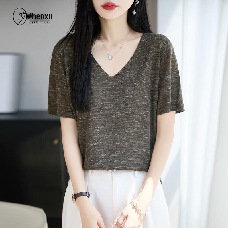 Women s V-Neck Linen Blend Knit Short-Sleeve Top XL