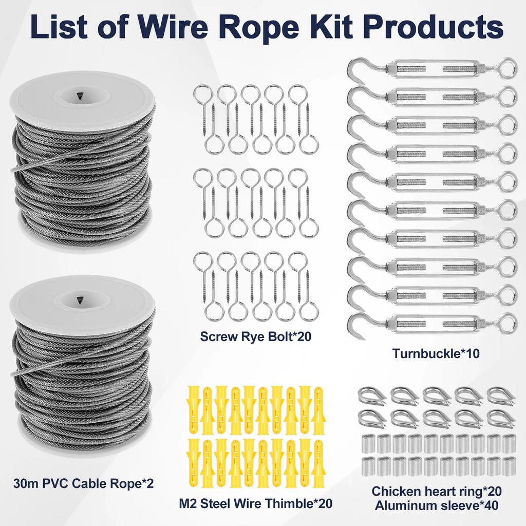 PVC Coated Stainless Steel Wire Rope Kit High Performance Versatile String Light Hanging Guide Wire for Tent Rope Clothesline