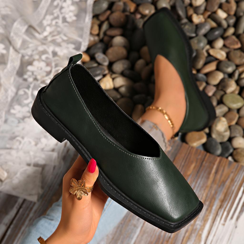 2025 Women Flats Shoes  Fashion Single Shoes Leather Spring Square Head Loafers Square Toe Simple Shallow Mouth Sneakers Women