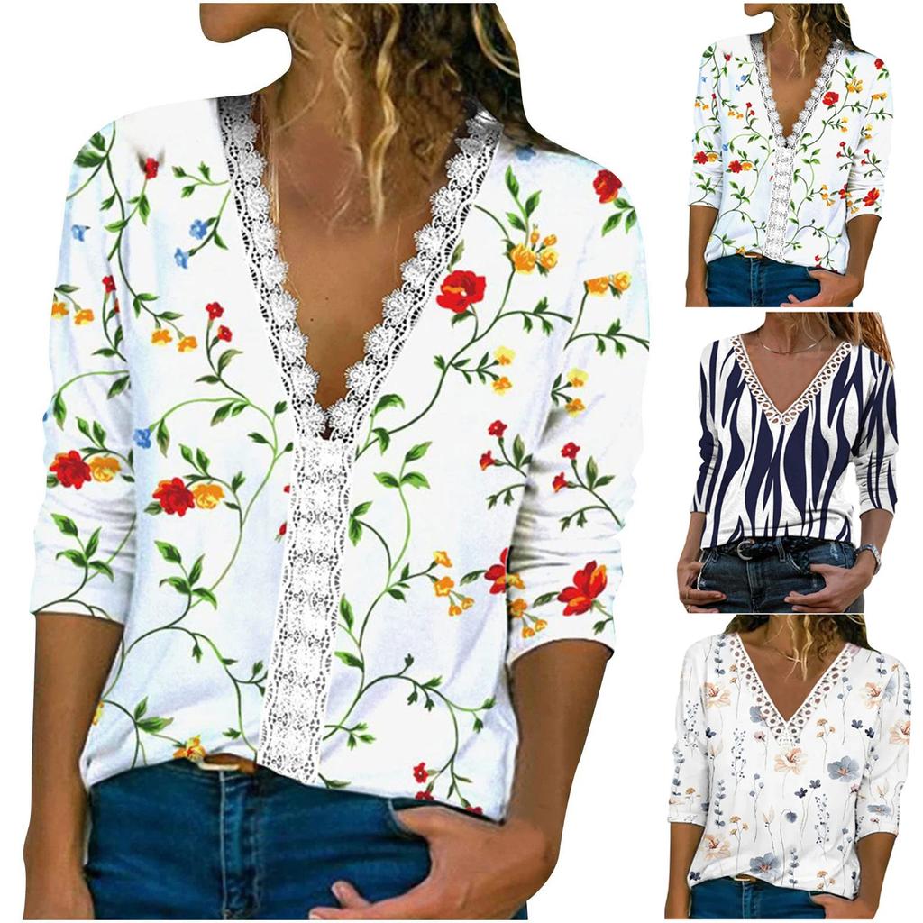 Ladies V Neck Casual Short Sleeve Casual Comfortable Loose Lace Print T-Shirt Top