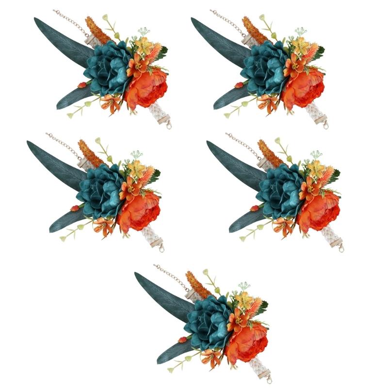 

5 шт. Розовые бутоньерки для свадебной церемонии, юбилея, выпускного вечера, Цветочные браслеты-бутоньерки для матери невесты и жениха оранжевый/зелёный