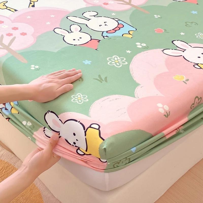 Cartoon Style Rabbit Fitted Sheet Set Skin-friendly Breathable Non-slip Bed Cover with 2 Pillowcases Bedding Set for Boys Girls