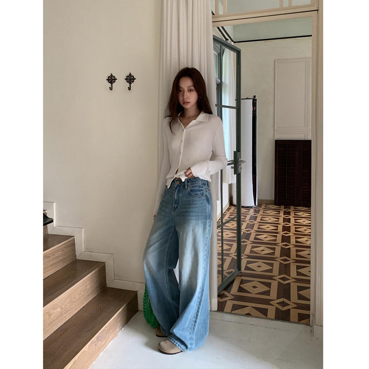 

SIXI Sishijia Women s Four Seasons Fashionable Textured Wide-Leg Jeans - Slimming, Straight-Leg, and Floor-Length Style Large синій