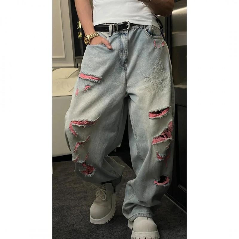 Jeans da uomo in denim strappato lavato, vestibilità larga, gamba dritta, pantaloni casual