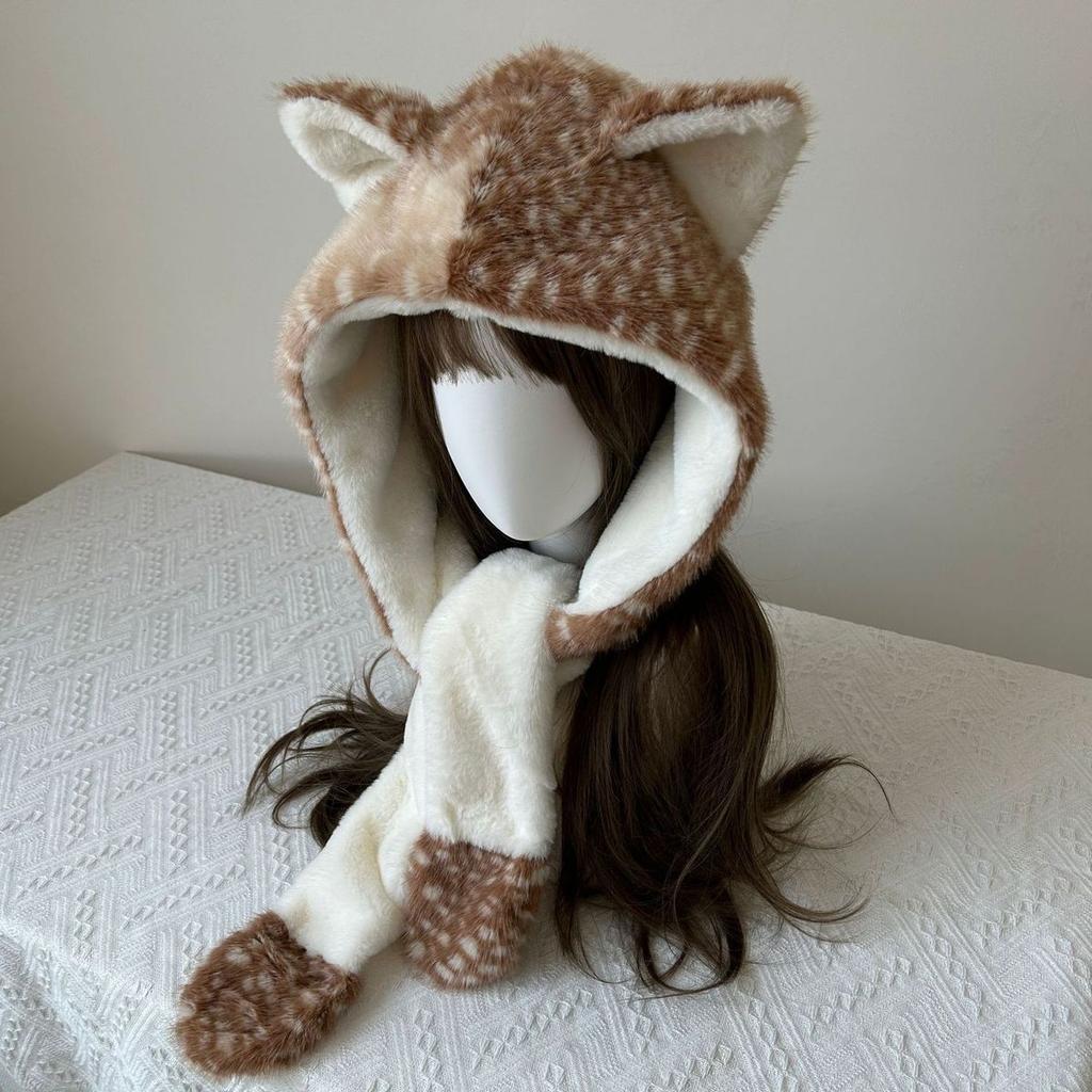 Women’s Hat Reindeer Plush Hat and Scarf Set - Winter Cute Warm Earflap Hat