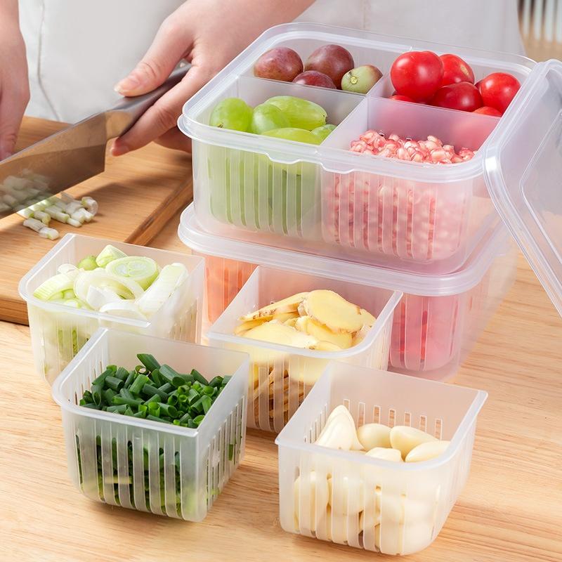 Refrigerator Storage Box 4 Grid Food Vegetable Fruit Storage Box Fridge Organizer Drain Basket Meat Onion Ginger Clear Crisper