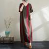 Summer Thin Cotton Linen Print V-neck Loose Oversized Simple Casual Vacation Style Medium Long Dress for Women Dresses
