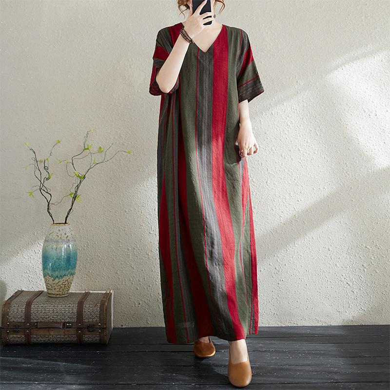 Summer Thin Cotton Linen Print V-neck Loose Oversized Simple Casual Vacation Style Medium Long Dress for Women Dresses