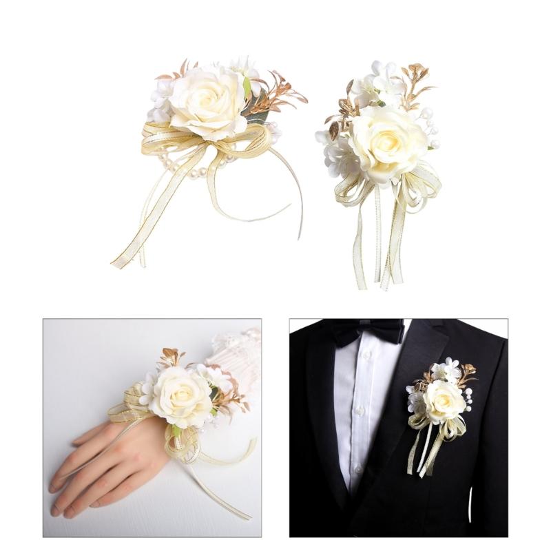 Wedding Boutonniere And Wristlet Set With Artificial Floral Design For Bridesmaids Grooms Formal Outfit