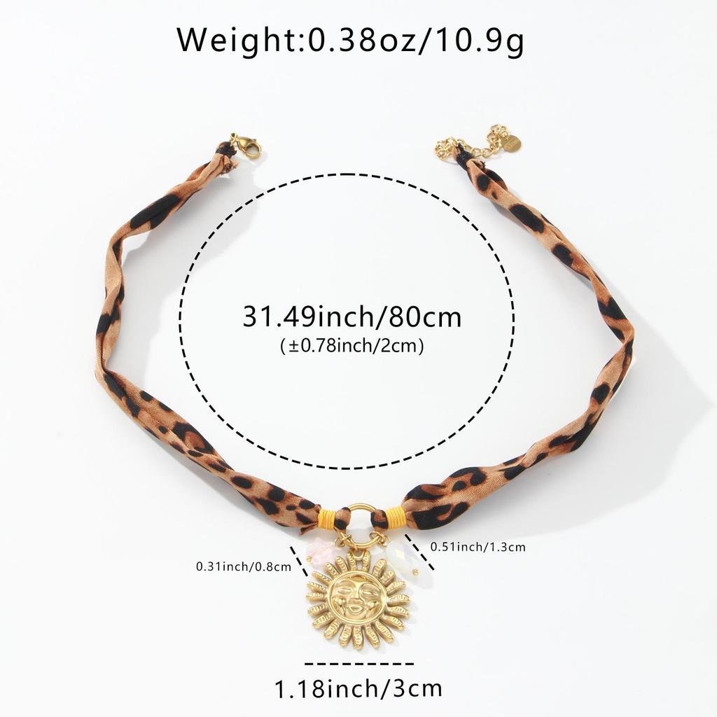 Retro Leopard Silk Scarf with Sun Face Pendant Clavicle Chain for Women