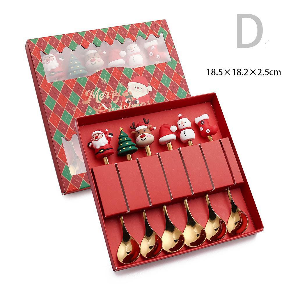 6pcs Christmas Coffee Spoons Forks Set Stainless Steel Santa Claus Dessert Spoon Forks Christmas Gifts for Kids Gift Box Set