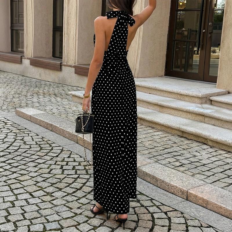 2026 Womens Sleeveless Deep V-Neck Bodycon Maxi Dress With Polka Dot Print Elegant Office To Casual Wear