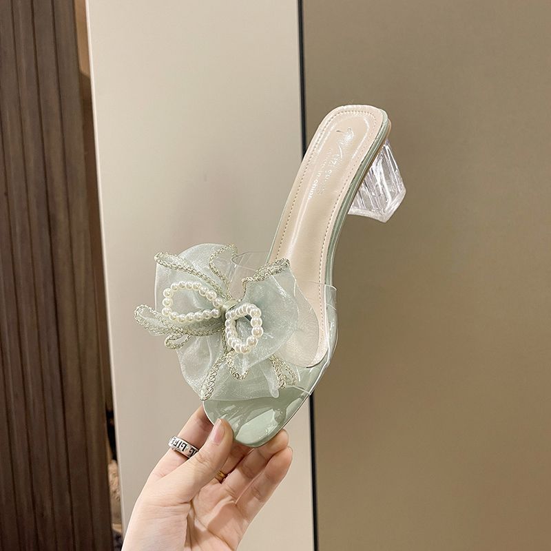 

Fairy wind lady cool slippers female summer wear new versatile lace bow thick heel high heel slippers female 40 зелёный