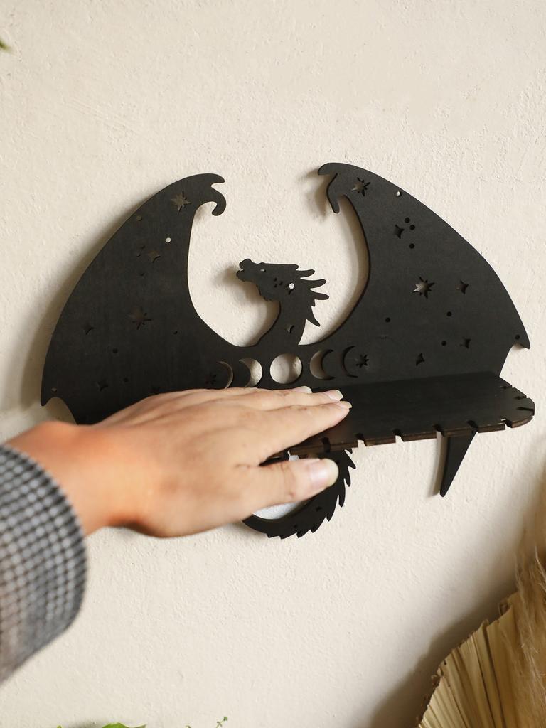 Gothic Black Dragon Wooden Floating Wall Shelf Crystal Shelf Moon Phase Candle Holder Wall Rack Aesthetic Witchy Room Decoration