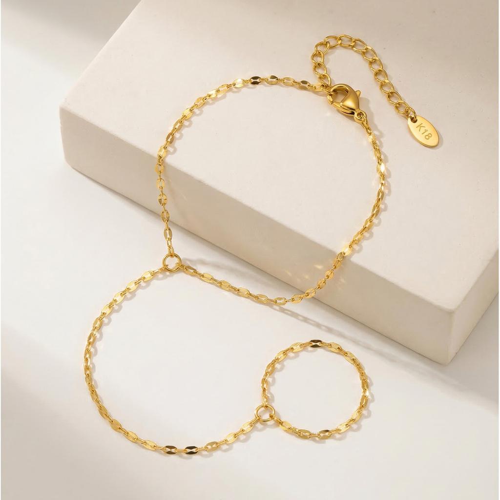 Stainless Steel Finger Ring Bracelet for Women, 18K Gold Plated Waterproof Hand Chain Tarnish Free