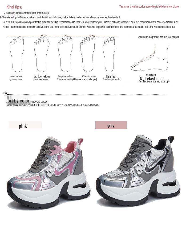 Damen 8cm Höhenvergrößernde Klobige Sneaker, Atmungsaktives Mesh, Dicksohlige Sportliche Freizeitschuhe A8895