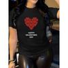 Europäische Größe 1 Stück Damen Valentinstag Grafik-T-Shirt - Schwarz mit rotem Herz & weißem Textdruck, Weich Dehnbar Rundhals Kurzarm