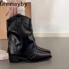 Vintage Damen Stiefeletten mit spitzer Zehenpartie, modische Nieten, Schlupfschuhe, Damen, dicker Absatz, Western Cowboy Stiefeletten De Mujer
