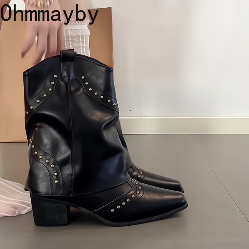 Vintage Pointed Toe Women Ankle Boots Fashion Rivet Slip On Shoes Female Thick Heel Western Cowboy Booties De Mujer