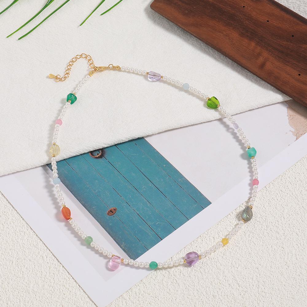 GEMCHIC Women's Original Design Colorful Glass Bead Natural Stone Beaded Necklace Sweet Girl Fashion Versatile Collarbone Chain