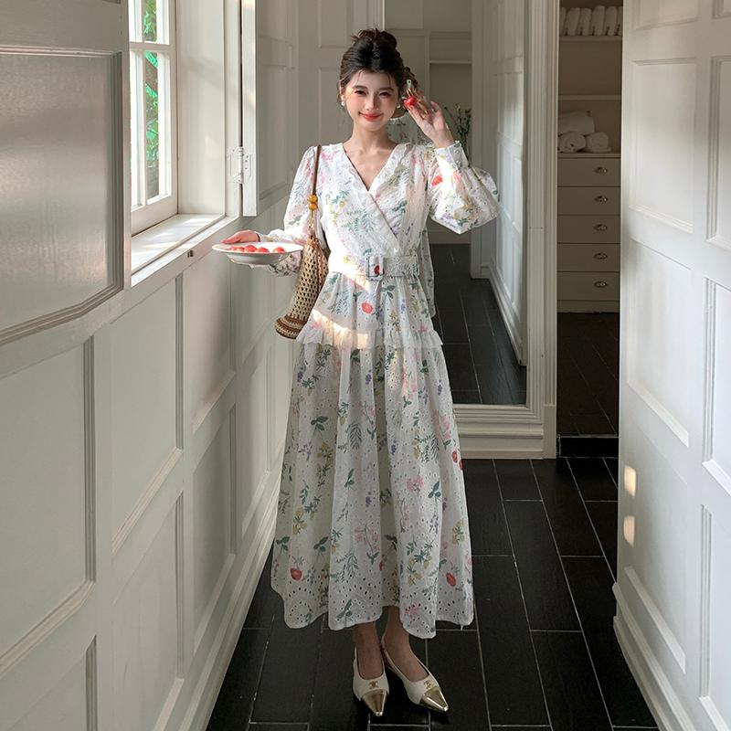 Spring Holiday Crochet Lace Embroidery Hollow Out Floral Print Party Dress Women's Long Sleeve Pearl Buttons Up Belt Clothing