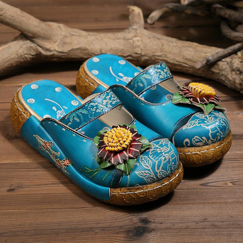 Fashion GKTINOO Flower Slippers Genuine Leather Shoes Handmade Slides Flip Flop On The Platform Clogs For Women Woman Slippers